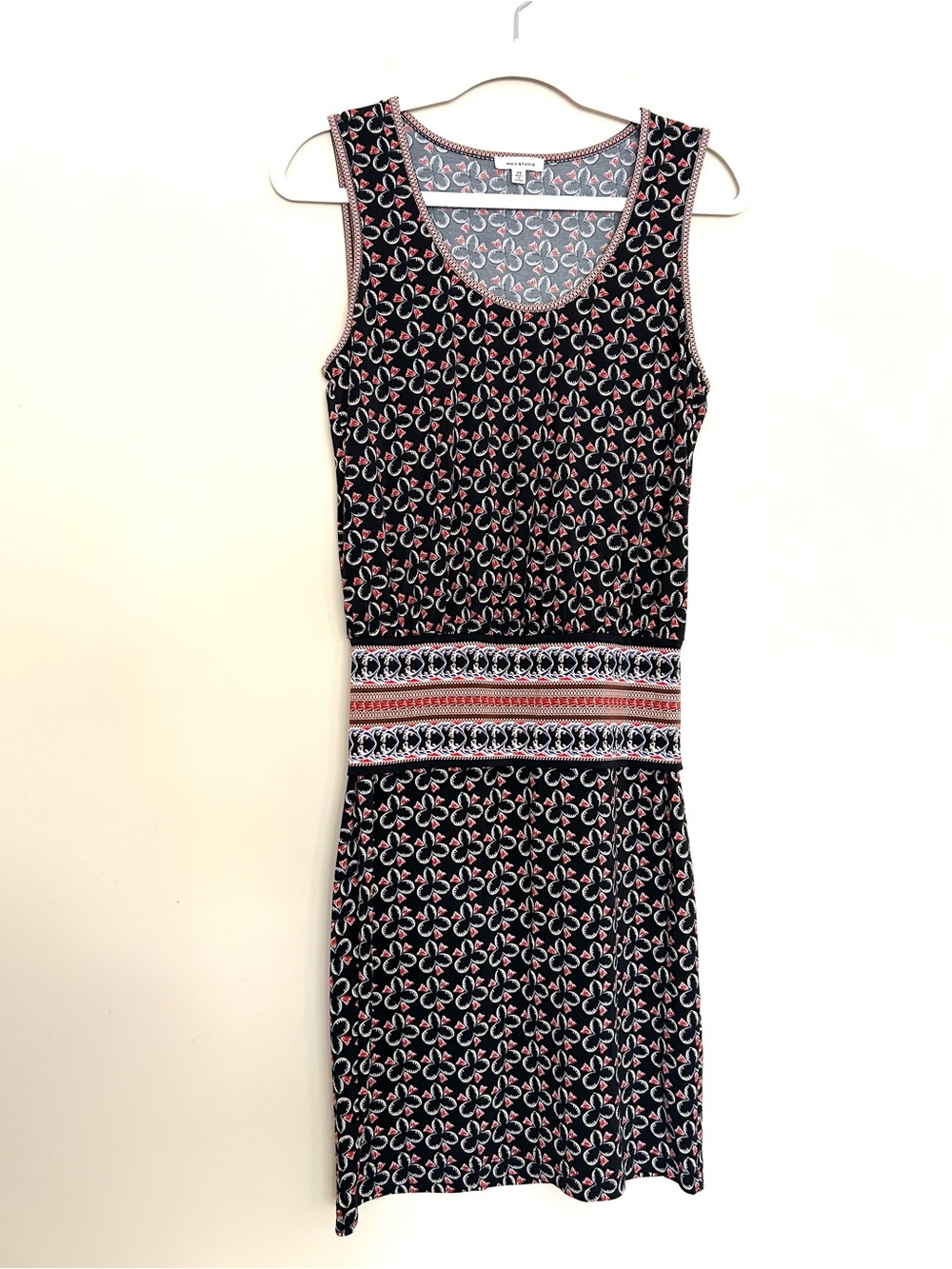 Max studio Sleeveless Black Mini Dress with Red & Cream Patterns